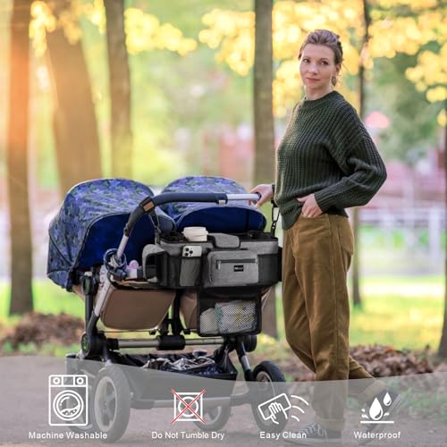 Image of TOPDesign Universal Baby Stroller Organizer, Double Stroller Caddy with Detachable Mesh Bag & Heightened Insulated Cup Holders & Non-Slip Secure Hooks Accessories, Fits Most Strollers (Grey)