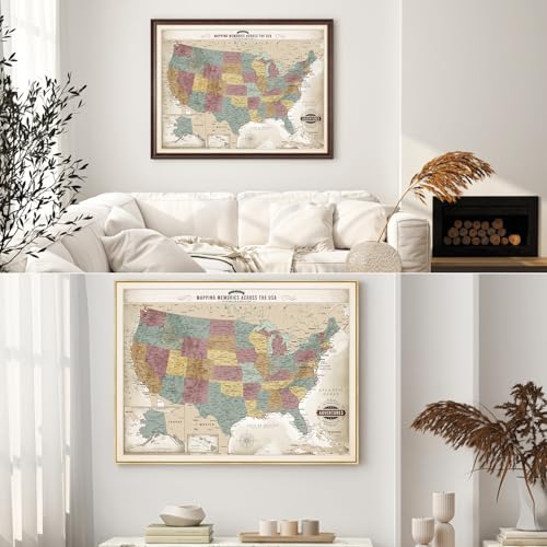 Image of DECORARTS - Oversized Personalized Push Pin Travel Map USA, Custom Name, Pin Board Canvas Wall Art, Vintage Pastel United States Decor, Optional Wood Frame, Giclee Print, Handcrafted in USA, 40x30''