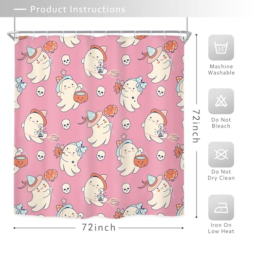 Image of Pink Halloween Shower Curtain Funny Ghost Cute Skull Pumpkin Bathroom Decor | 72 X 72 Inches Halloween Home Decor Fabric Polyester Waterproof 12 Pack Hooks