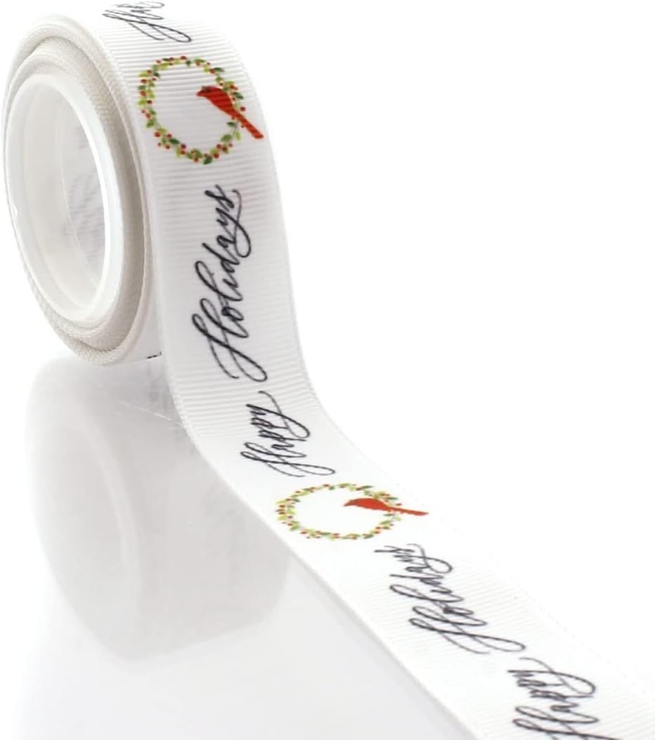 7/8" Happy Holidays Wreath Grosgrain Ribbon 100 Yards