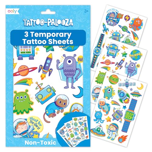 Ooly 50 Temporary Tattoos For Kids, Safe & Non-Toxic Temporary Tattoo, Party Favors for Kids 4-8, Great Goodie Bag Stuffers & Fun Birthday Decorations - Space Explorer
