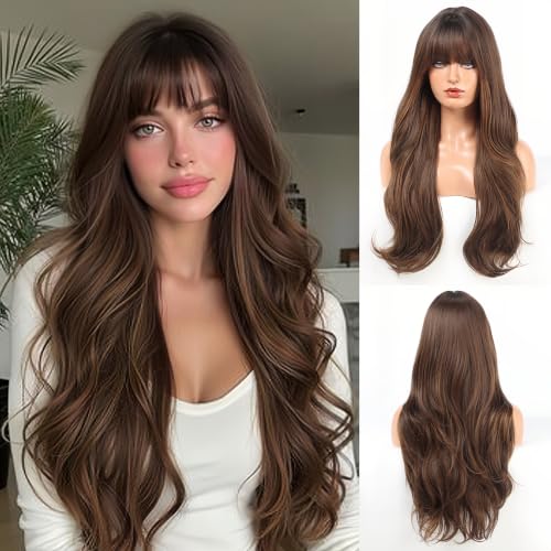 HAIRCUBE Long Wig with Bangs Layered Curly Wigs for Women Natural Synthetic Wigs for Daily Use (#4/27 pelucas de cabello natural)