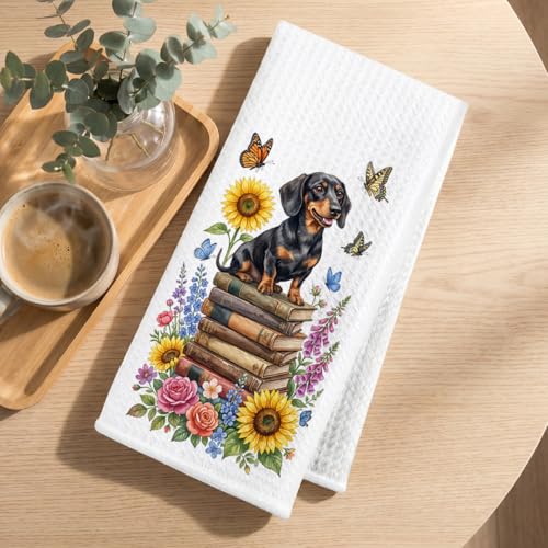 Image of 2 Pcs Cute Dachshund Floral Kitchen Towels 24x14 Inch, Floral Book Dachshund Gifts Reusable Dish Towels for Kitchen Bathroom Decor, Waffle Weave Absorbent Tea Towel, Weiner Dog Gifts for Women Friend