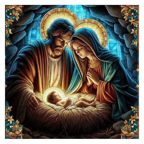 Bowetile Kit Completo de Pintura de Diamantes de Navidad, Paisaje Kit de Pintura de Diamante Para Adultos, Jesús DIY Cristal Pintura de Diamante Para Adultos, Decoración de Pared 30x30 cm