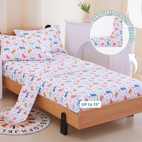 Image of Viviland 3 Pieces Girls Pink Cat Twin Sheet Set - Soft Microfiber Fitted Flat Sheets & Pillowcase - Kids Colorful Floral Leaf Print Bedding Sets - for Kids & Toddlers
