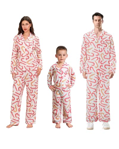 Christmas Family Matching Pajamas Set Candy Cane Print Lapel Collar Button Down Shirt Wide Leg Pants Lounge Pjs Women Men Kids (Pink A, S)