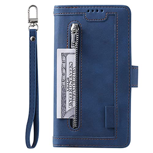 UEEBAI Wallet Case for Samsung Galaxy S21 Ultra 5G, Retro 9 Card Holder Slots Zipper Pocket Case PU Leather Magnetic Closure Kickstand with Wrist Strap TPU Shockproof Flip Cover - Blue by UEEBAI - Image 8