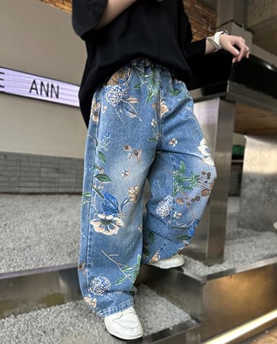 Boys Baggy Flower Printed Jeans Elastic Waist Casual Straight Wide Leg Pull On Hip Hop Denim Pants Streetwear4