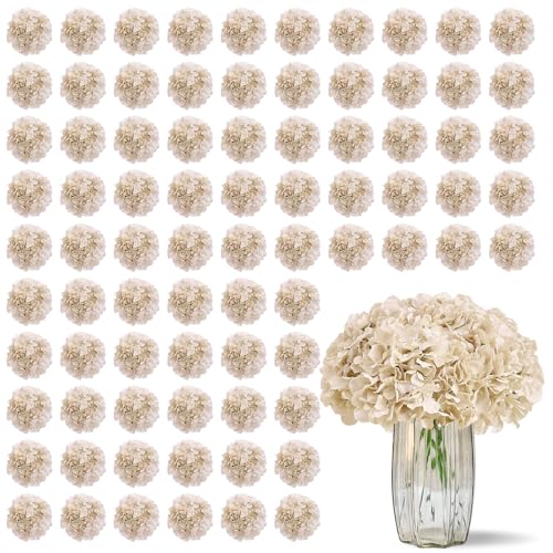KISLOHUM 100 PCS Beige Hydrangea Artificial Flowers Silk Full Flowers Heads with Stems for Wedding Centerpieces Home Garden Baby Shower Party Decoration