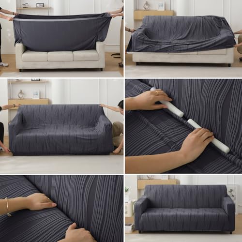 Image of HOKIPO 200 GSM Premium Knitting Jacquard Fully Covered Stretchable Sofa Cover for 3 Seater, 'Nestiva Series' Porpoise Grey (NEW2-AR-5309-GRY)