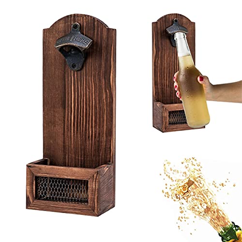 AKOFIC Apribottiglie da Parete in Legno Vintage, Apribottiglie di Birra con Cestino per Tappo da Birra, Apertura a Bottiglia da Birra a Barra a Parete per Bar Cucina Casa Regalo per Padre Amici