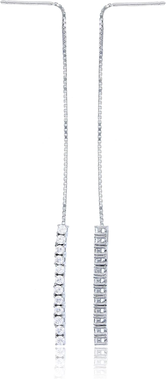 Sterling Silver Rhodium One-Row Round Cubic Zirconia on Box Chain Threader Earring