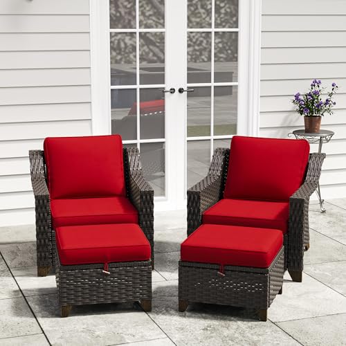 Image of 4 Pieces Patio Conversation Furniture Set - 2 Chairs with Ottomans Set of 2, Outdoor Wicker Armchairs with Water-Resistant and Washable Cushions for Porch, Balcony, Sunroom (Red) | Patio Chair Set with Olefin Removable Cushion, All-Weather Outdoor Couch with Deep Seat for Porch, Deck and Backyard, Red
