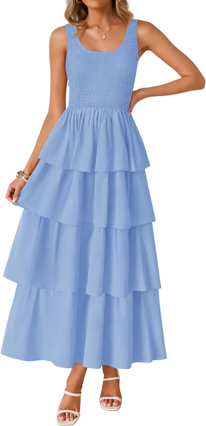 ZESICA Women's 2026 Summer Boho Sleeveless Midi Dress Scoop Neck Ruffle Tiered Layered Swing Long Beach Vacation Dresses