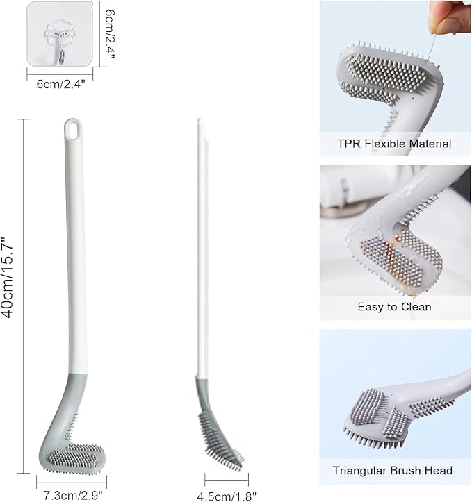Image of Flexible Silicone Toilet Cleaning Brush (Pack of 2) - Bendable Long Handle Toilet Brush with Self-Adhesive Wall Hooks, 360 Deep Cleaning, Quick-Dry, Non-Scratch Toilet Bowl Brush for Bathroom