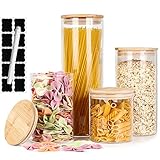 4 Pack of 23 oz, 33 oz, 43 oz and 60 oz. Glass Jars with Bamboo Lids, Empty Spice Jars with Wood Airtight Lids and Labels, Mixed Size Food Storage Canisters for Kitchen, Cookie,Coffee,Grains.