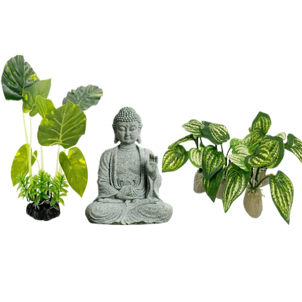 Loopunk Juego de 6 piezas de Buda, decoración de pecera, decoración de acuario, pequeños adornos, accesorios Betta Fish Rest Leaf Buddha para el hogar y la oficina, simulación de acuario.
