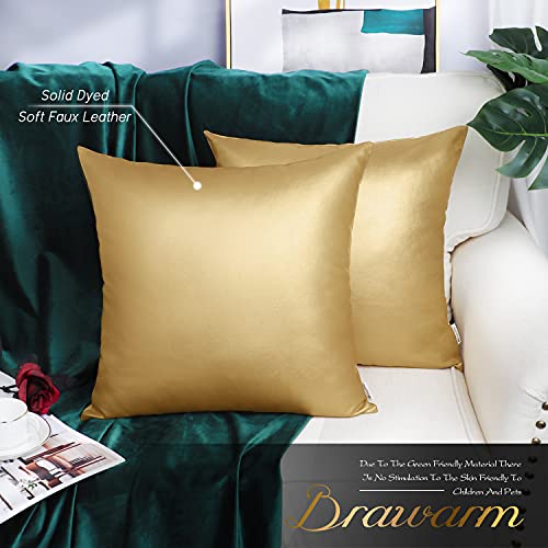 Image of BRAWARM Pack of 2 Cozy Throw Pillow Covers Cases for Couch Sofa Bed Solid Faux Leather Soft Luxury Cushion Covers Both Sides Home Decoration 16 X 16 Inches Gold
