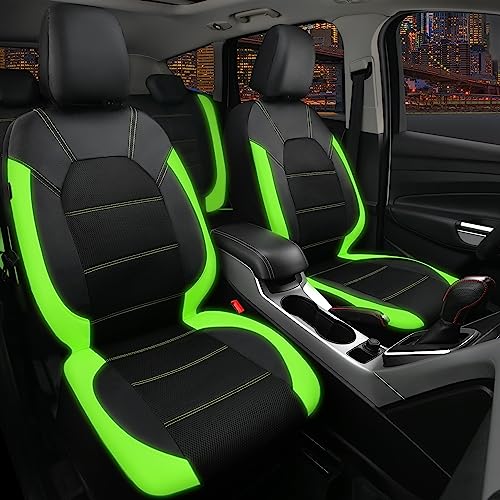 Image of CAR PASS Luminous Green Leather seat Covers Universal Sport car seat Cover, 5mm Composite Sponge Inside, Airbag Compatible fits Most Cars, SUVs,Trucks,Vans (Full Set,Black with Green)