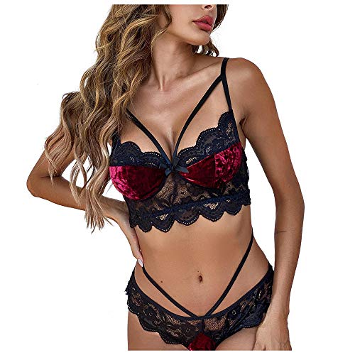 Chemises de nuit femme sexy en dentelle ensemble lingerie transparent bordeaux