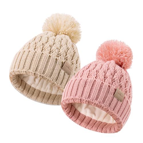 Image of XOMZG Baby Beanie Hats with 2-Pack,Warm Winter Hats for Boys and Girls,Infant Fleece Lined Toddler Baby Hats for 0-36 Month