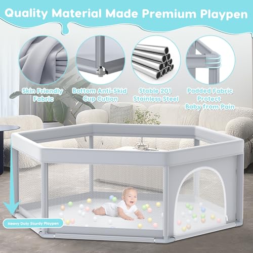 Fshibila Baby Playpen, 65x65 Inch Hexagonal PlayPens for Babies and Toddlers, Play Pen for Indoor & Outdoor, Sturdy Safety Baby Play Yard with Soft Breathable Mesh