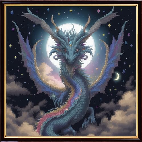 Image of Findvoor Stamped Cross Stitch Kits for Beginners Full Range of Cross Stitching Embroidery Pattern for Adults, 11CT DIY Needlepoint Embroidery Starter Kits-Moon Dragon 17.7x17.7 inch