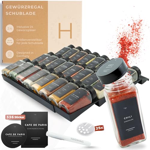 Havenhaus Gewürzregal Set mit Gewürzgläsern Deckel Edelstahl schwarz Gewürzregal Set mit Gläsern | Gewürzregal Schublade inkl. 24 Gewürzgläser& 336 Gewürzetiketten |