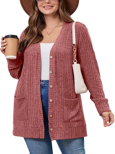 AusLook Plus Size Women Cardigan Long Sleeve Open Front Button Down Lightweight Casual Sweater with Pockets 1X-5X