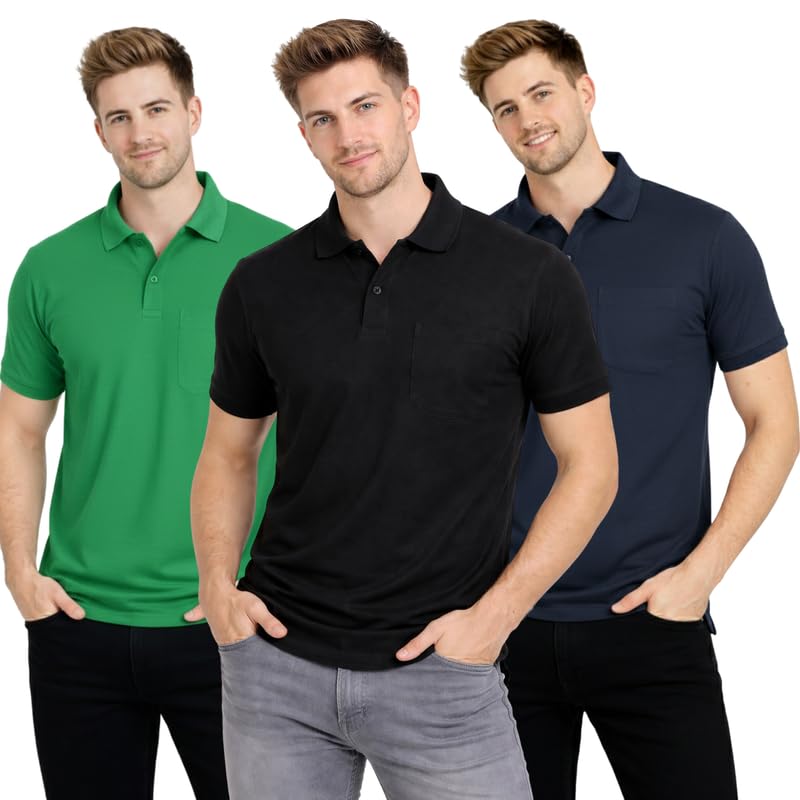 Image of SMAN Polo Neck T-Shirt Pack of 3 for Men & Boys | Half Sleeve Collar Tee with Pocket | Premium Spun Matty Fabric | Casual & Office Wear | Sizes M to 2XL | FX PO3 MCR BLK NVY