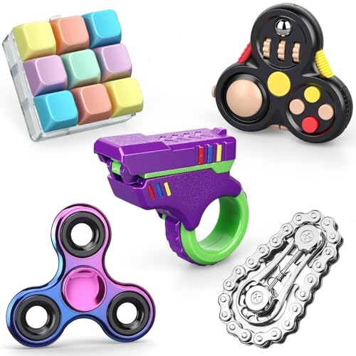 Fidget Slider Spinner Pad Clicker Keyboard, Hand Roller Sprocket Chain Spinner for Adults, Fidgeting Bulk for Stress Anxiety Relief, Cool Desk Bag Filler 5 in 1 Pack