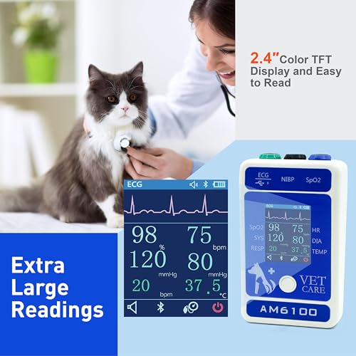Image of Handheld Veterinary Pulse Oximeter,Rechargeable Dog Blood Pressure Monitor, 6 Parameters Animal Patient Mnitoring Equipment with 2.4 inch Display and Bluetooth for Pets Cat Home Clinic Use