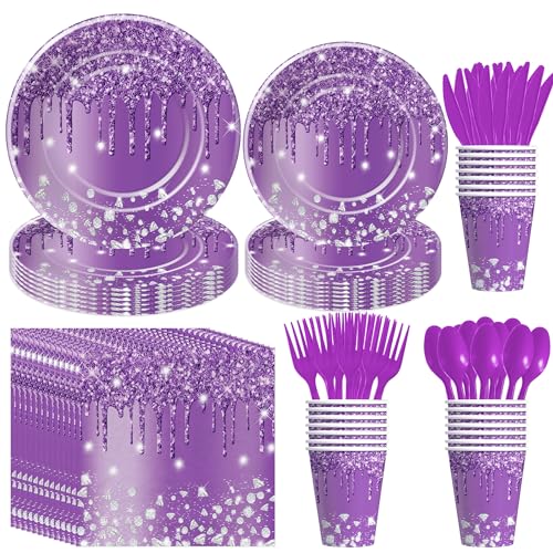 YJRJSC Purple Plates And Napkins Party Supplies - Purple Party Decorations Tableware, Paper Plate, Napkin, Cup, Disposable Cutlery, Glitter Purple Bridal Shower Birthday Table Decorations | Serve 24