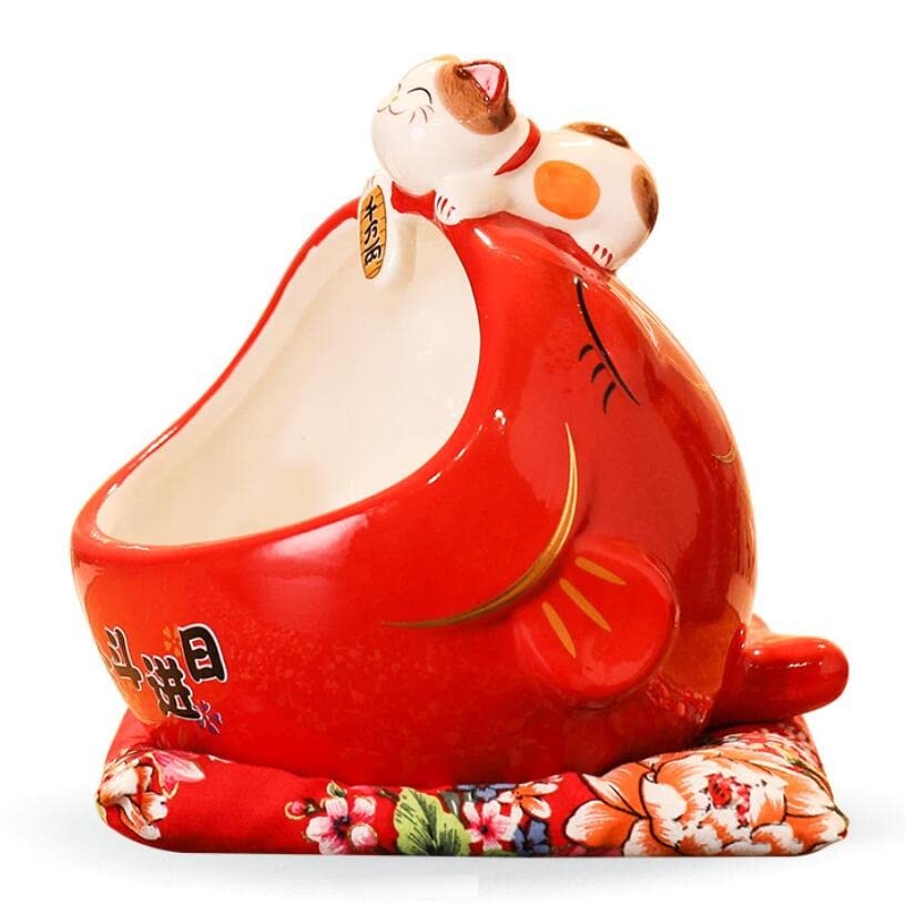 EatingBiting 6.5" Japanese Ceramics Maneki Neko Cat Fish Big Mouth Ornament Collectible Figurine Big Mouth Fish carp Storage Box Decoration Ornamental Art Sculpture Home Decor Decorative Beckoning