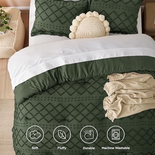 Image of Bedsure Full Comforter Set - Olive Green Comforter, Boho Tufted Distressed Vintage Bedding for Kids, 3 Pieces Farmhouse-Style Bed Set for All Seasons, Fluffy Soft Bedding with 2 Pillow Shams