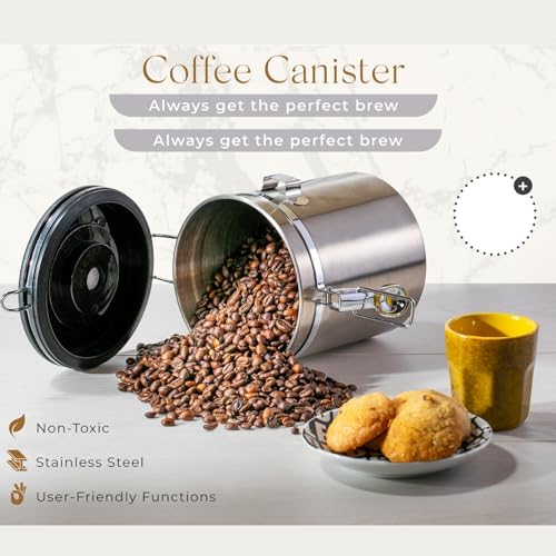 Image of Container for Ground Coffee, Coffee Beans - Coffee Canister 1200 ml with Built in Valve Stainless Steel Airtight with Scoop, Storage for Beans, Grounds, Tea, Sugar (Set of 1)