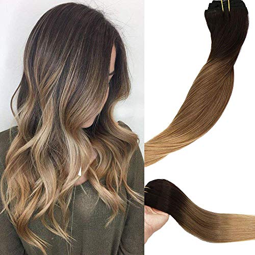 Clip In Human Hair Extensions Double Weft Brazilian Hair 120g 7pcs Dark Brown Fading to Chestnut Brown and Ash Brown Highlighted Full Head Silky Straight 100% Human Hair Clip In Extensions 16 Inch