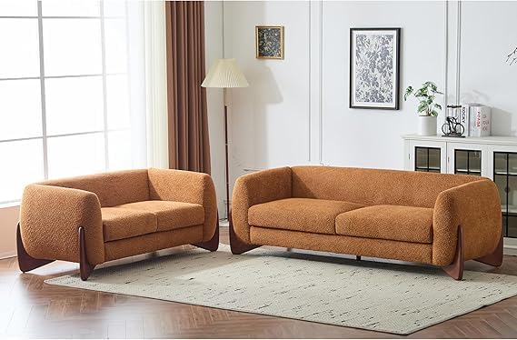 Image of Upholstered 3 Seater Sofa Three Seater Sofa with Wooden Legs for Living Room Hotels & Offices (3+2 Boucle Brwon)
