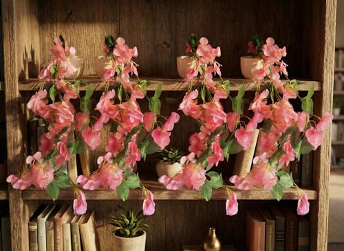 Image of Dekorly Artificial Hanging Garland with Pot - 100cm Vine, 10cm Decorative Pot for Table, Shelf & Wall Decor (4, Pink)