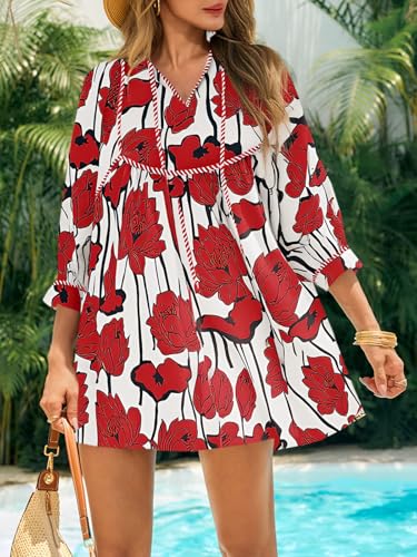 Image of Cicy Bell Womens Floral Mini Dresses 3 /4 Balloon Sleeve V Neck Flowy Babydoll Dress Summer Beach Vacation Boho Outfits