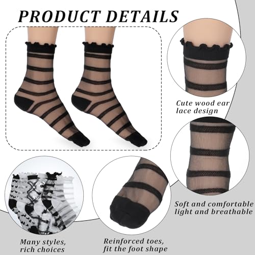Image of Ouligay 6 Pairs Sheer Ankle Socks Women, Transparent Fishnet Socks, Sheer Ruffle Socks, Cute Frilly Mesh Socks Women, Breathable Spring Summer Short Socks (Hearts, Stripes, Plaid) Black & White