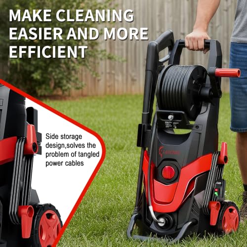 Image of 2026Upgraded Pressure Washer w /5 Quick Connect Nozzles, 35ft Power Cord w /GFCI, Inlet Hose & Filter& Soap Tank for Cars /Driveways /Home Cleaning, Bright Red