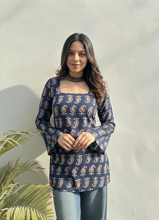 Image of ANNI Designer Women's Viscose Blend Printed Short Kurti | Straight Fit Casual Ethnic Top | Square Neck 3 /4 Sleeve Kurta Office College