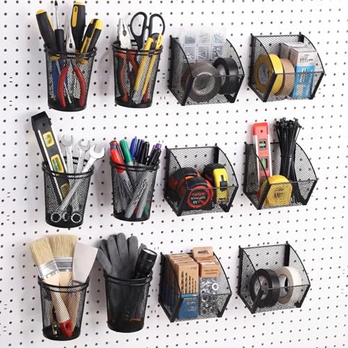 Lerheedi 6 Set Pegboard Accessories Wall Organizer Peg Board Baskets and Cups Black Metal Pegboard Baskets and Wire Mesh Cup with Ring Hook Assortment Bin Holder for Organizing Storage Office Garage