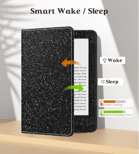 Image of MoKo Case for 6 inch All-New Kindle(11th Generation 2024 /2022 Release), Lightweight PU Leather Cover Stand Shell with Hand Strap Auto Wake /Sleep for Kindle 2024 11th Gen e-Reader, Glitter Black