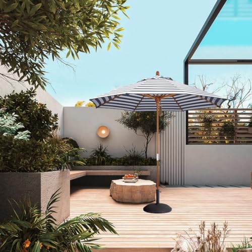 9ft Wysokość Regulowana parasol Patio, Wood Market Parasol z hydrozimem chroniącym przed promieniowaniem UV, 8 Ribs Ventilated Beach Odcień do ogrodu Pool Side, Czarny Biały pasek