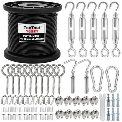 TooTaci Kit de Câble Acier Inoxydable 2mm, Câble de 50M Gaine Noire avec Tendeurs - Kit de Suspension pour Guirlandes Lumineuses, Treillis pour Plantes...