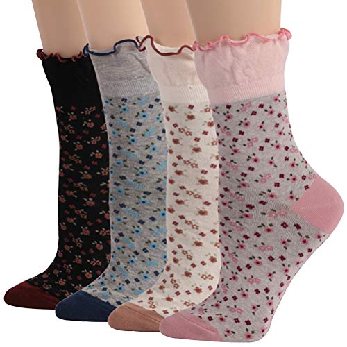 Image of KitNSox Funcat Women's Lace Ruffle Frilly Colorful Floral Cotton Casual Novelty Ankle Socks 4 /5 /6 Pairs
