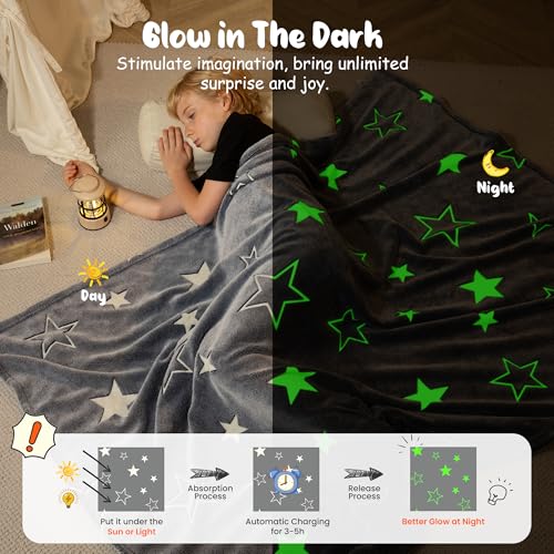 Winthome Glow in Dark Blanket, Soft Flannel Fleece Stars Blanket,All Season Throw Blanket for Kids (Grey, 130x170cm)
