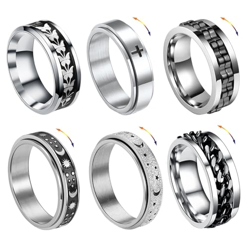 ZENGSING 6 stuks zilveren spinner-ring voor heren, fidget-spinner-ringen, roestvrij staal, fidget-bandringen voor mannen en vrouwen, 62, Roestvrij staal, Geen edelsteen
